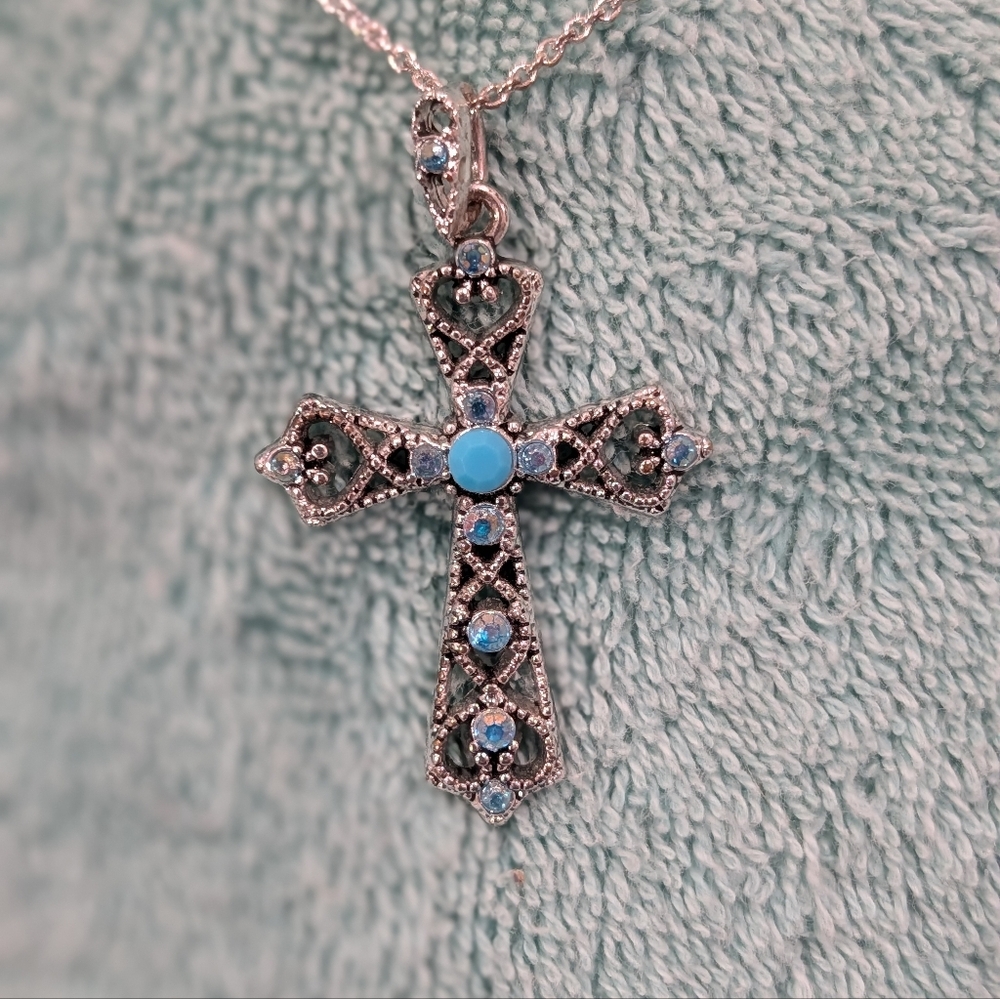 Elegant Silver and Blue Cross Pendant Necklace